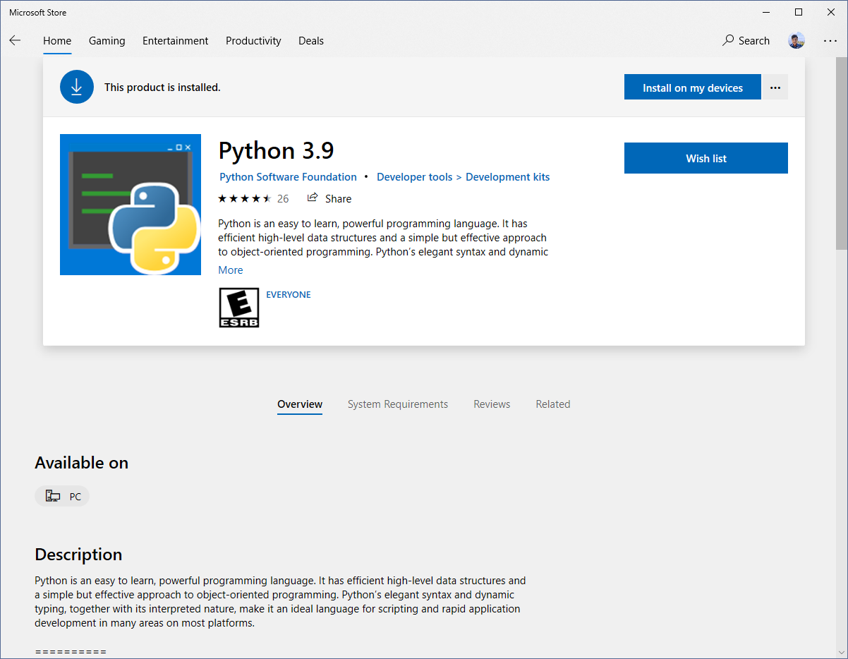 ติดตั้ง Python 3.9 ผ่าน Microsoft Store — assets/85c4abd6 294b 4f29 8023 cc99bd57136f step1 installpython
