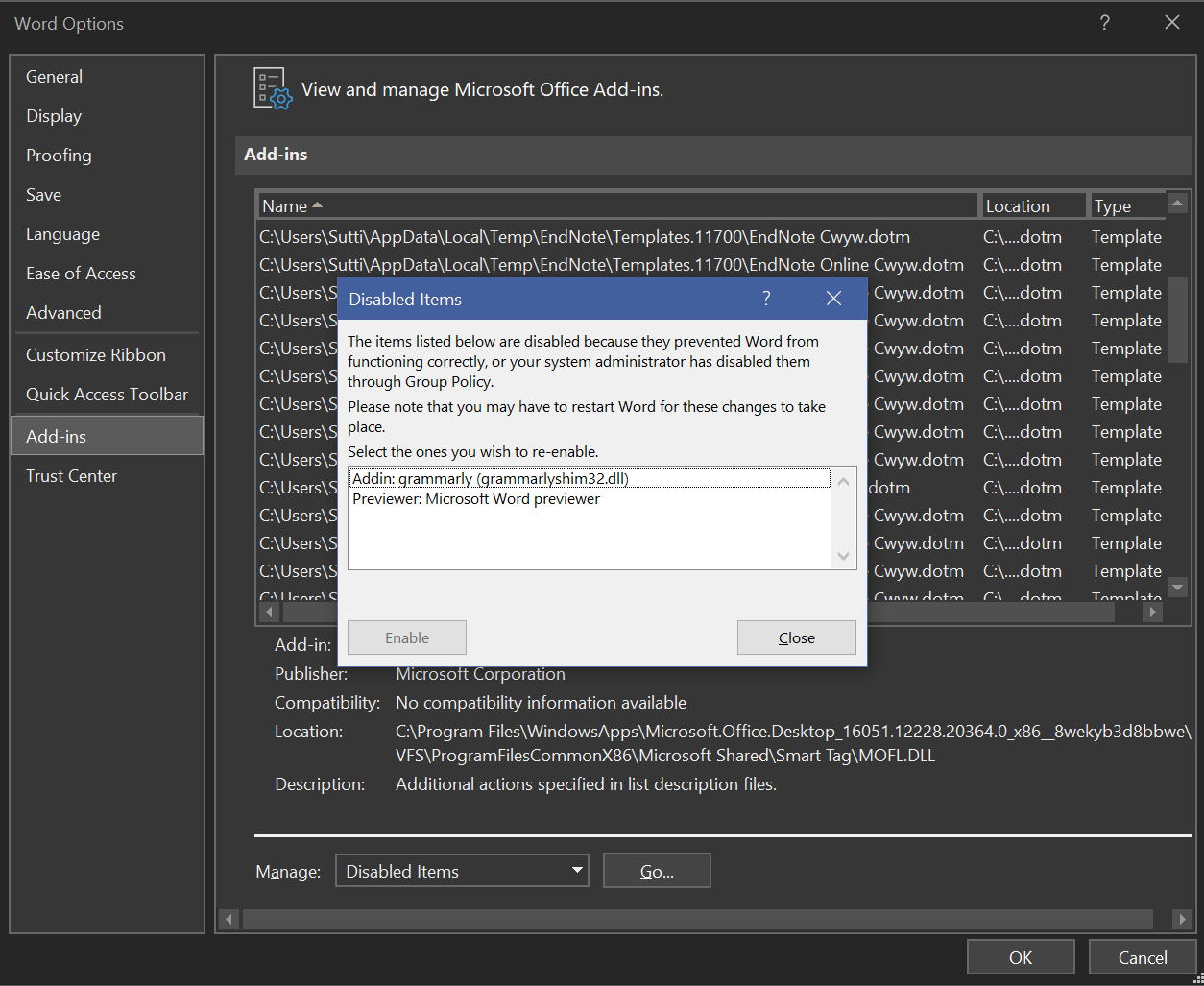 ปัญหา Add-Ins หายไปจาก Toolbars ใน Word — assets/98f5fa25 00a6 4b5f a510 e7c12d82be7e word disable dialog