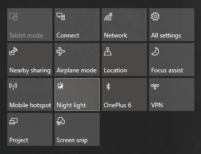 Night Light สามารถเปิดปิดการทำงานได้จาก Action Center หรือ Settings