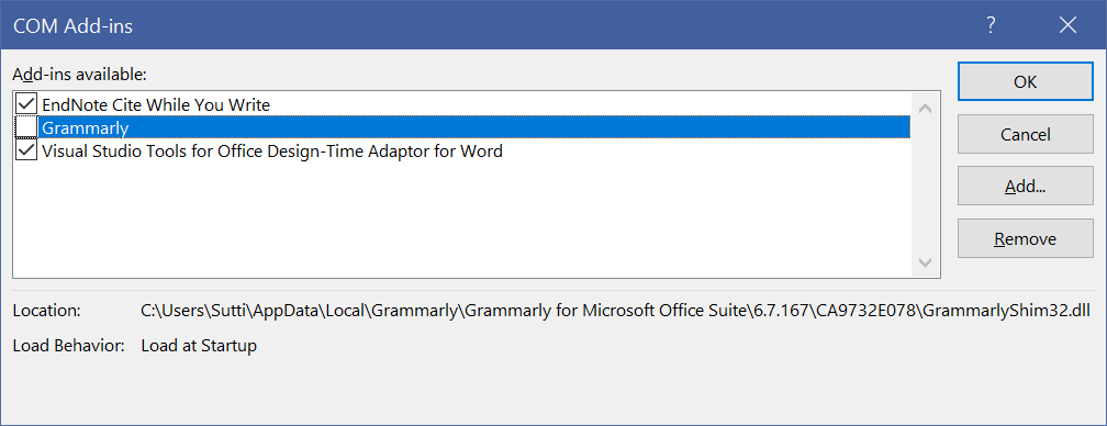 ปัญหา Add-Ins หายไปจาก Toolbars ใน Word — assets/cfd46bb5 ec96 4293 a863 8379c62aa865 word com dialog