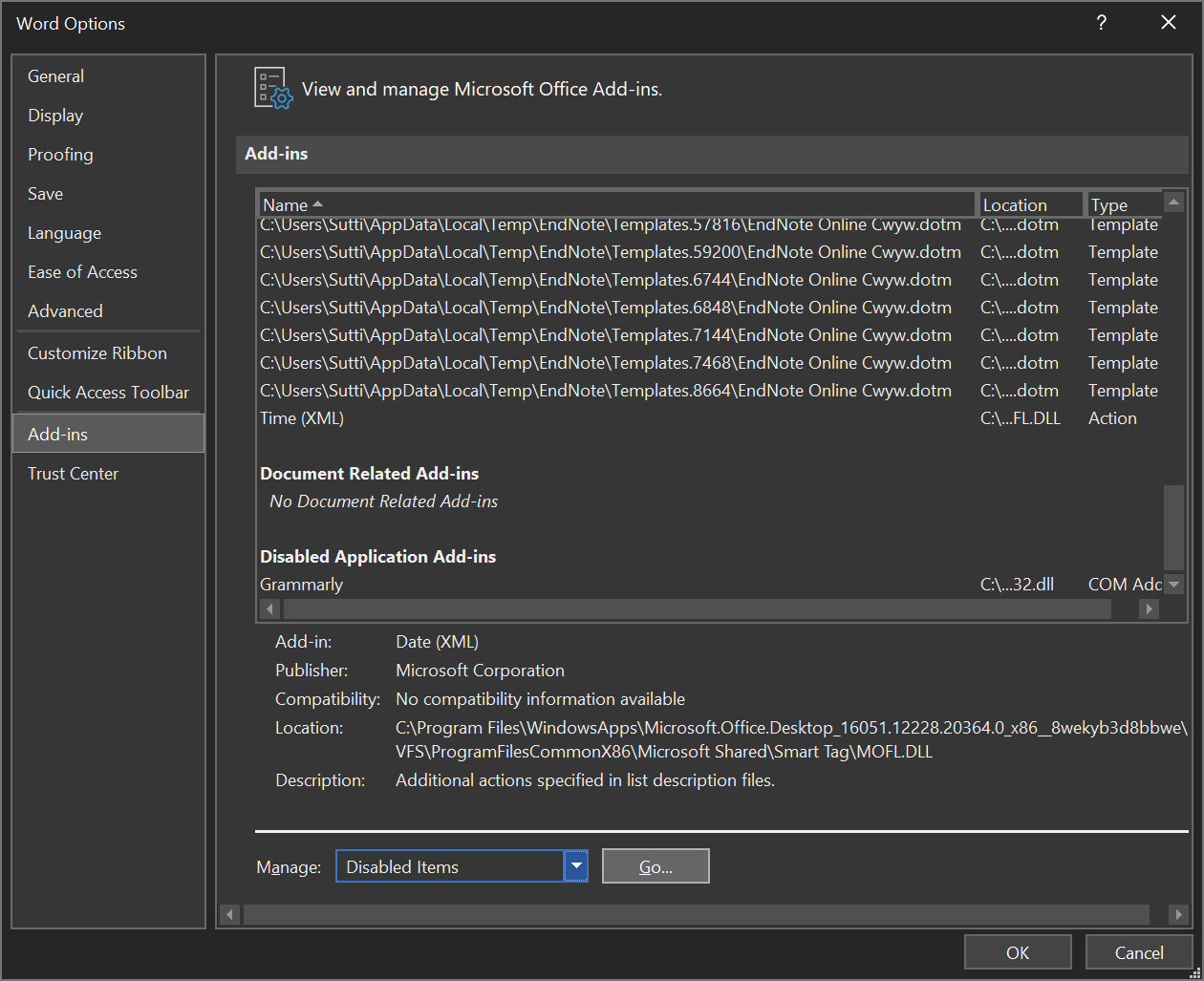 ปัญหา Add-Ins หายไปจาก Toolbars ใน Word — assets/f7433c95 c3cd 40b0 8b2e 198a1c77f5ae word disable